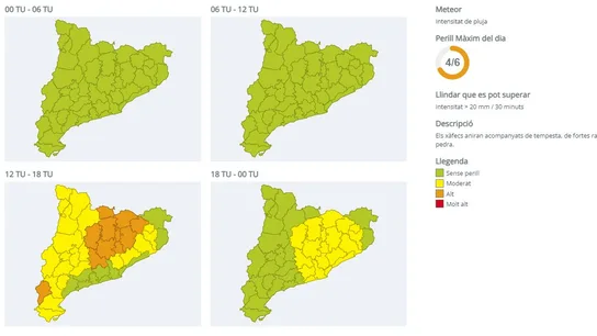 Cataluña activa la alerta por inundaciones ante la previsión de lluvias intensas para este viernes Mapa de la evolución de las precipitaciones del viernes.