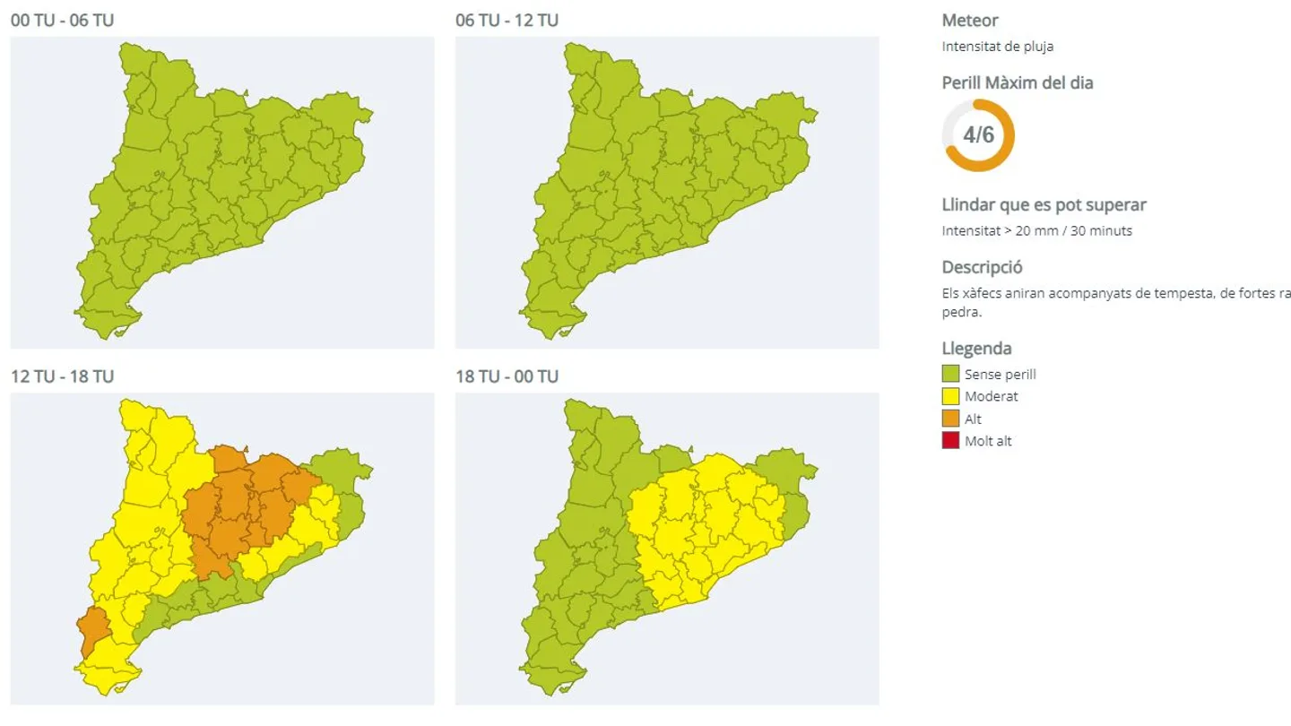 Cataluña activa la alerta por inundaciones ante la previsión de lluvias intensas para este viernes Mapa de la evolución de las precipitaciones del viernes.