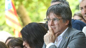 El expresidente de la Generalitat, Carles Puigdemont en el acto organizado por Junts en Amélie-les-Bains-Palalda (Francia).