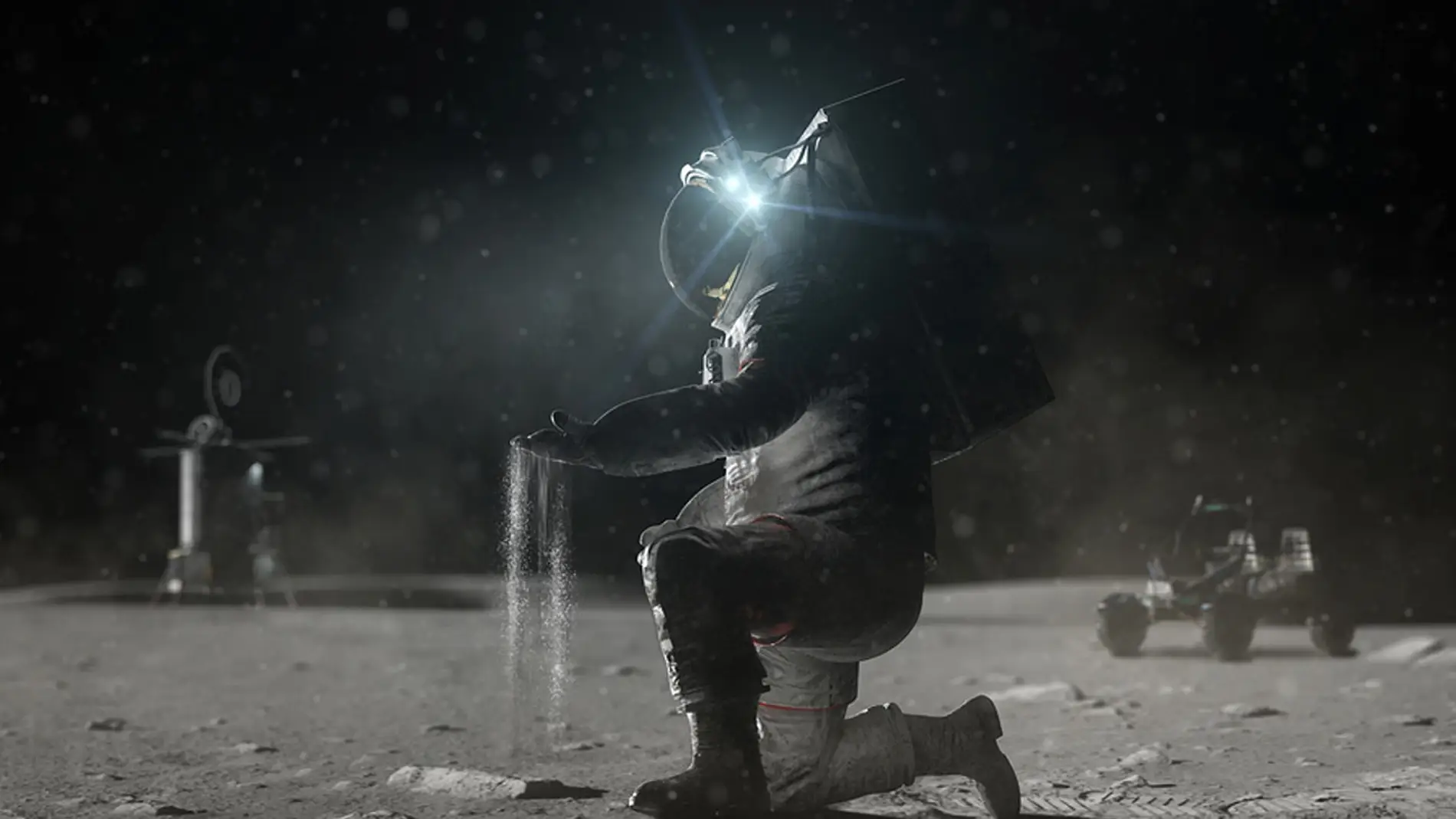 Representación artística de un astronauta trabajando en la superficie lunar durante una futura misión Representación artística de un astronauta trabajando en la superficie lunar durante una futura misión