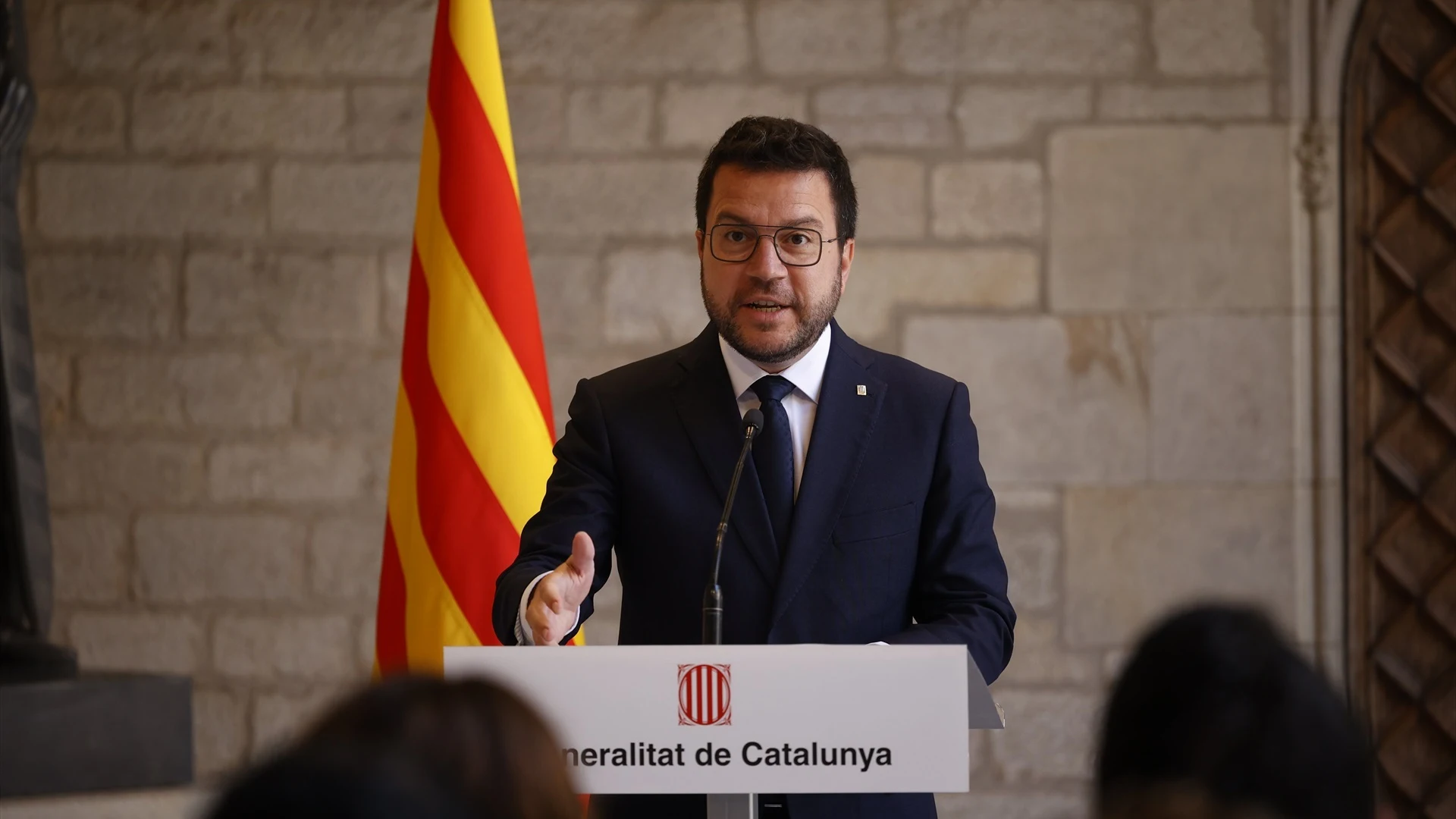 El president de la Generalitat en funciones, Pere Aragonès, durante una rueda de prensa tras la reunión semanal del Consell Executiu, en el Palau de la Generalitat.