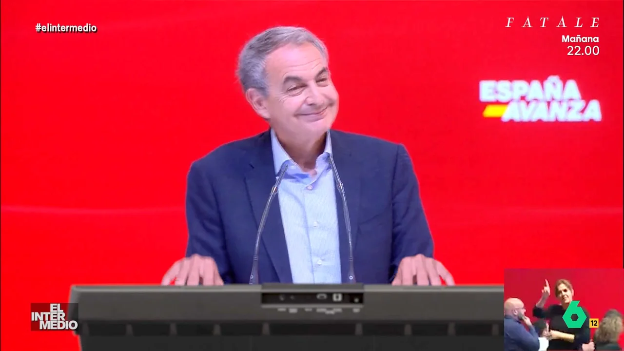 En este montaje de El Intermedio, el expresidente socialista interpretó un popular tema del grupo noruego de pop A-ha durante un mitin del presidente del Gobierno Pedro Sánchez. 