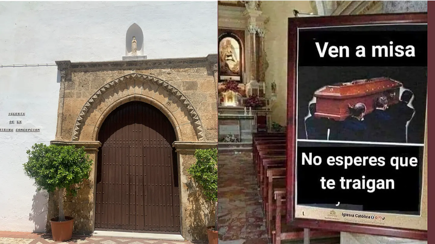 "Ven a misa, no esperes a que te traigan" en ataúd, el llamamiento de un cura de Sevilla Montaje en el que se puede apreciar la iglesia de Gerena y el mensaje en cuestión