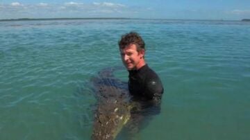 Adam Britton, en el mar junto a un cocodrilo