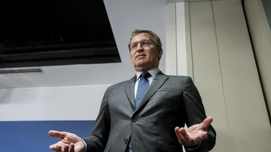El presidente del Partido Popular, Alberto Núñez Feijóo, tras una rueda de prensa, en la sede del PP, en Madrid. El presidente del Partido Popular, Alberto Núñez Feijóo, tras una rueda de prensa, en la sede del PP, en Madrid.