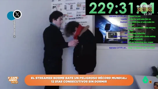 Un joven streamer bate un peligroso récord mundial: pasa más de 264 horas despierto El joven decidió emitir el reto en directo a través de su canal de Youtube pero la plataforma decidió suspender su cuenta debido a los peligros para la salud que genera no dormir.