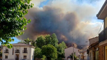 Imagen de este sábado de un hidroavión trabajando contra el incendio forestal en Trabazos (Zamora)