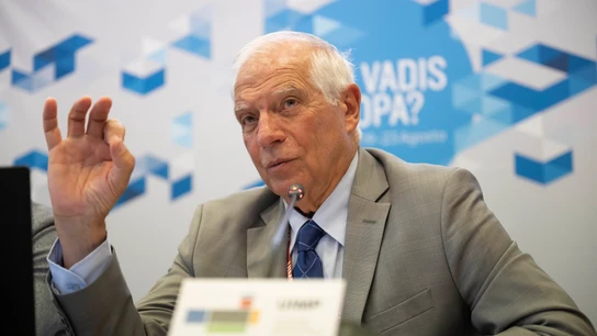 El alto representante de la UE para Asuntos Exteriores, Josep Borrell, durante la rueda de prensa de este lunes en Santander. El alto representante de la Unión Europea para Asuntos Exteriores, Josep Borrell, durante la rueda de prensa de este lunes en Santander.