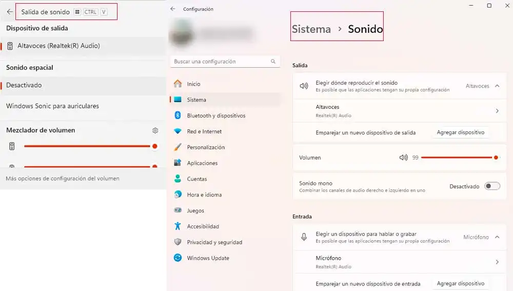Diferentes menús de sonido Diferentes menús de sonido