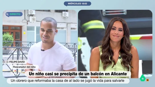 El migrante que salvó a un niño de precipitarse por un balcón reacciona al enterarse en directo que logrará la residencia por ello Más Vale Tarde entrevista a Felipe David, el obrero brasileño que ha rescatado a un niño de precipitarse por un balcón en Alicante. En este vídeo, Marina Valdés le desvela que, por este tipo de actos heroicos, pueden concederle la residencia.