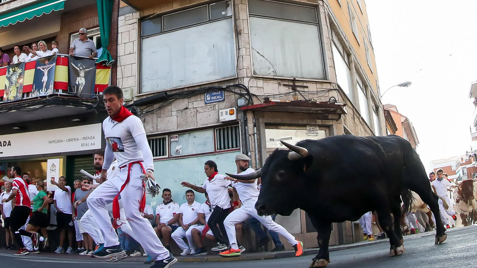 Varios hombres corren frente a un toro en el quinto encierro de las fiestas de San Sebastián de los Reyes.