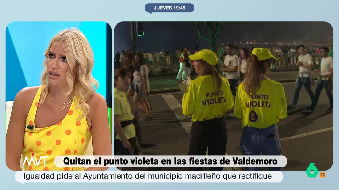 Afra Blanco, sobre la retirada de los puntos violeta en las fiestas de Valdemoro: "Están eliminando un refugio de ayuda" El ayuntamiento ha decidido eliminar estas carpas, que son tanto un punto de denuncia como de información, y sustituirlas por carteles en los que se indica a las personas que están sufriendo una agresión sexual que griten "fuego".