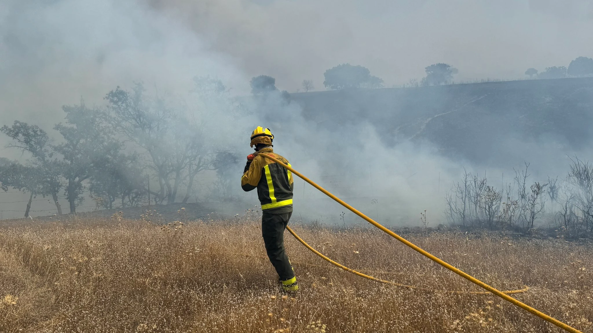 Bombero de la Comunidad de Madrid lucha por extinguir el incendio de Tres Cantos