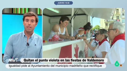 Pablo Montesinos califica como "decisión política" la retirada de los puntos violeta en Valdemoro: "Lanza un mensaje muy nocivo" La ciudad madrileña no va a contar con puntos violentas en sus fiestas locales. "Cuando tú retiras un punto violeta les estás diciendo a la sociedad que no es importante, que no es necesario", expone el periodista.