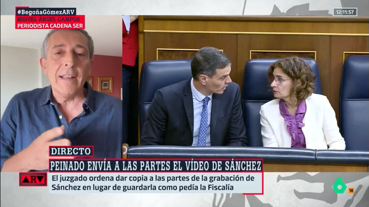Miguel Ángel Campos analiza la decisión del juez Peinado de dar el video de Sánchez a las partes: "Sólo quiere desgastarle" Miguel Ángel Campos analiza la decisión del juez Peinado de dar el video de Sánchez a las partes: "Sólo quiere desgastarle"