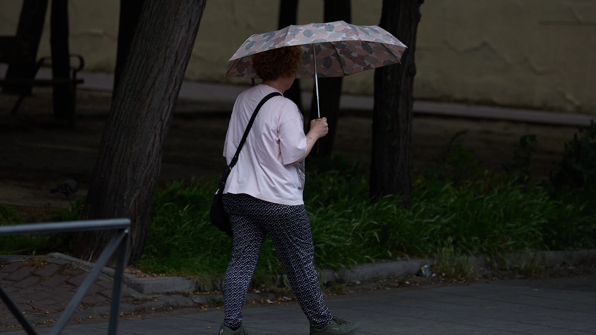 Una mujer se protege de la lluvia con un paraguas.