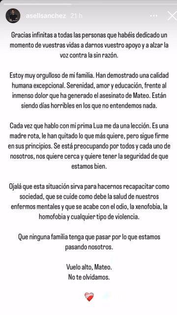 Agradecimiento de Asell, primo de Mateo, en redes sociales
