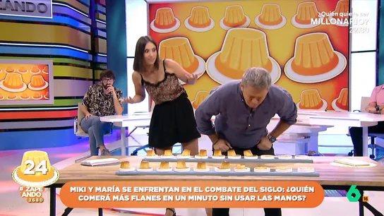 María Gómez y Miki Nadal compiten para ver cuál es capaz de comer más flanes: "Lo malo es tragárselos" Los zapeadores debían comerse el mayor número de flanes en 30 segundos. No te pierdas quién ha sido el ganador de este reto tan dulce en el vídeo principal.