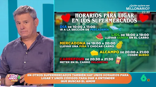 Estos son los horarios de ligue de varios supermercados y sus 'normas': "La berenjena tendría que estar también" Mercadona no es el único supermercado que se ha convertido en el nuevo sitio de moda para buscar pareja. No te pierdas los horarios del resto de establecimientos en el vídeo principal.
