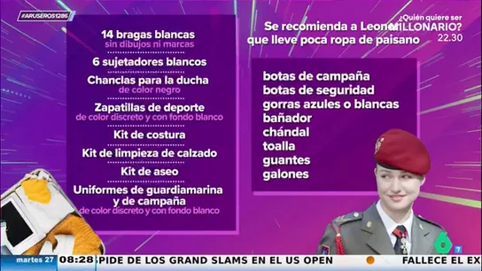 "14 bragas blancas": esto es lo que debe llevar la princesa Leonor en su maleta para la Escuela Naval "14 bragas blancas": esto es lo que debe llevar la princesa Leonor en su maleta para la Escuela Naval