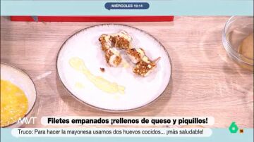 Pablo Ojeda versiona los clásicos filetes empanados: con relleno de queso y piquillos y quicos en vez de pan