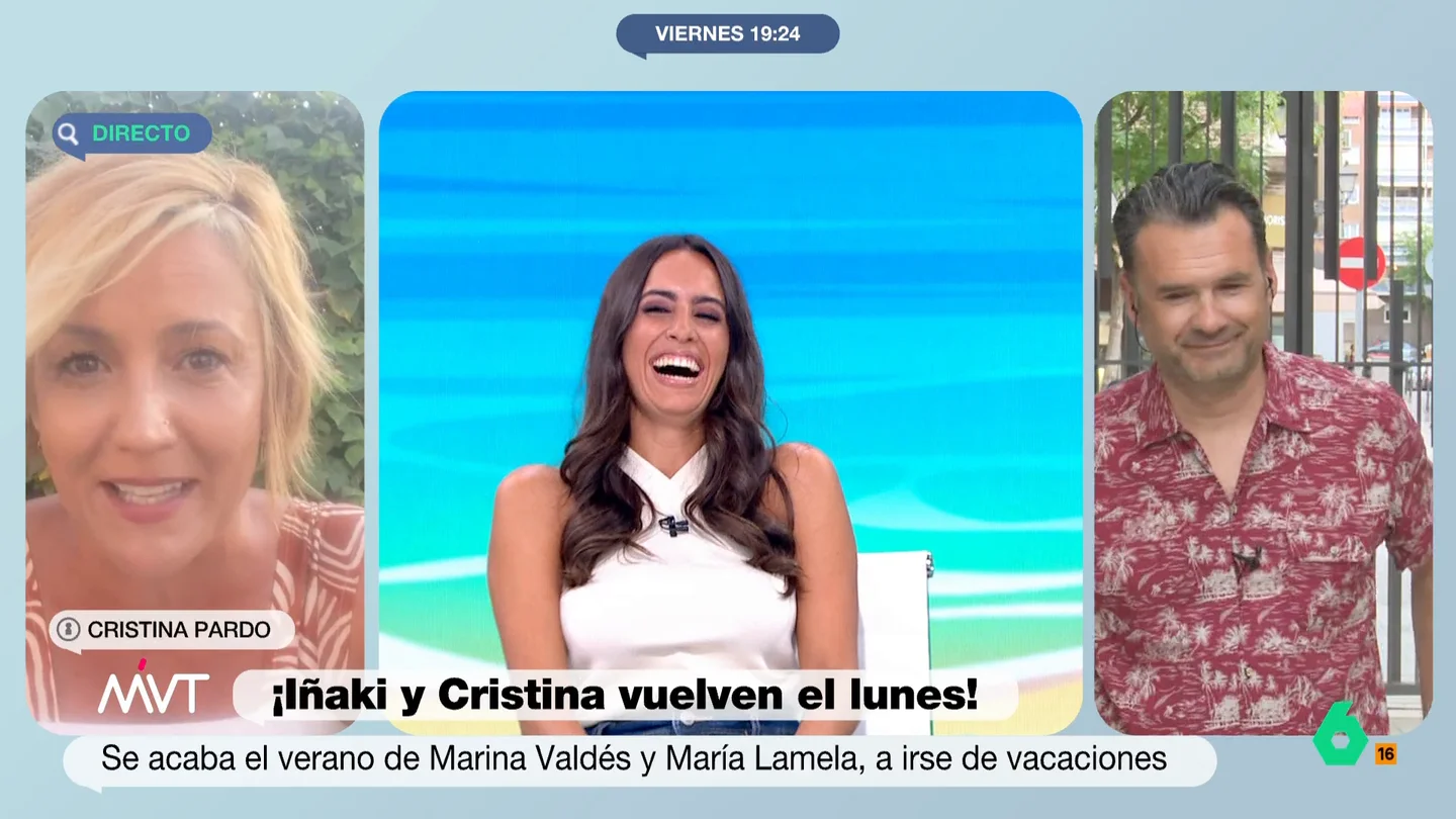 Cristina Pardo, sobre su regreso a MVT: "Estoy aterrorizada, Bea de Vicente habla de su vida sentimental y de la de su hermana" Los presentadores de Más Vale Tarde han conectado con el programa para anunciar que el próximo lunes volverán a ponerse al frente del programa vespertino de laSexta.