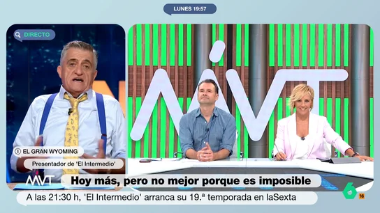 Iñaki y Cristina dan la bienvenida a Wyoming tras las vacaciones: "No coincidís con la hora de ligue en Mercadona" El Intermedio vuelve a laSexta tras un merecido descanso. Al frente, como es habitual, vuelven el Gran Wyoming y Sandra Sabatés, que serán los encargados de contar la actualidad con mucho humor.