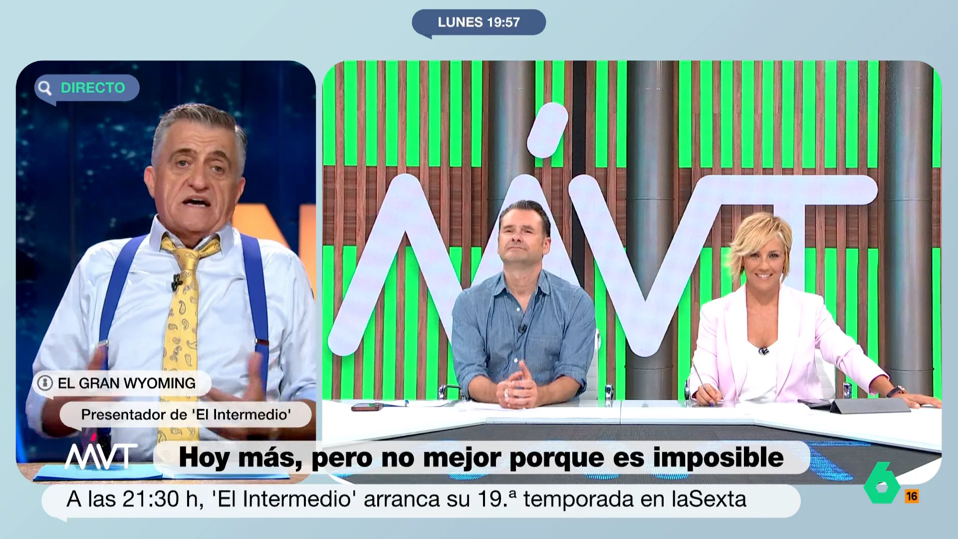 El Intermedio vuelve a laSexta tras un merecido descanso. Al frente, como es habitual, vuelven el Gran Wyoming y Sandra Sabatés, que serán los encargados de contar la actualidad con mucho humor. 