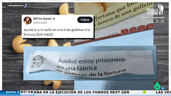 Encuentra dentro de su galleta de la suerte un desconcertante mensaje: "¡Auxilio! Estoy prisionero dentro de la fábrica" Encuentra dentro de su galleta de la suerte un desconcertante mensaje: "¡Auxilio! Estoy prisionero dentro de la fábrica"