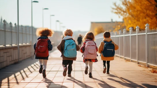 Niños y niñas con mochilas yendo al colegio. Niños y niñas con mochilas yendo al colegio.