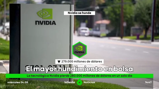 Nvidia se desploma en bolsa y pierde 278.900 millones de dólares de valor en un dí Nvidia se desploma en bolsa y pierde 278.900 millones de dólares de valor en un día