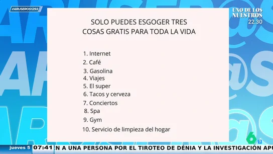 ¿Qué elegirías si solo puedes escoger tres cosas gratis para el resto de tu vida? Los colaboradores de Aruser@s responden ¿Qué elegirías si solo puedes escoger tres cosas gratis para el resto de tu vida? Los colaboradores de Aruser@s responden