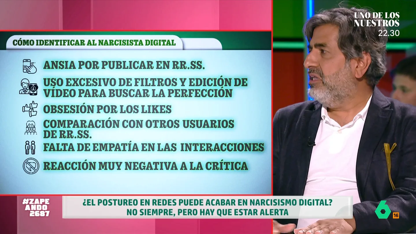 Un psicólogo explica qué es el narcisismo digital y cómo saber si lo sufrimos: estas son las principales claves El psicólogo Arun Mansukhani analiza en Zapeando qué es el narcisismo digital, un trastorno directamente relacionado con el postureo en las redes sociales y la adicción por los likes. En este vídeo, explica las principales claves para identificarlo.