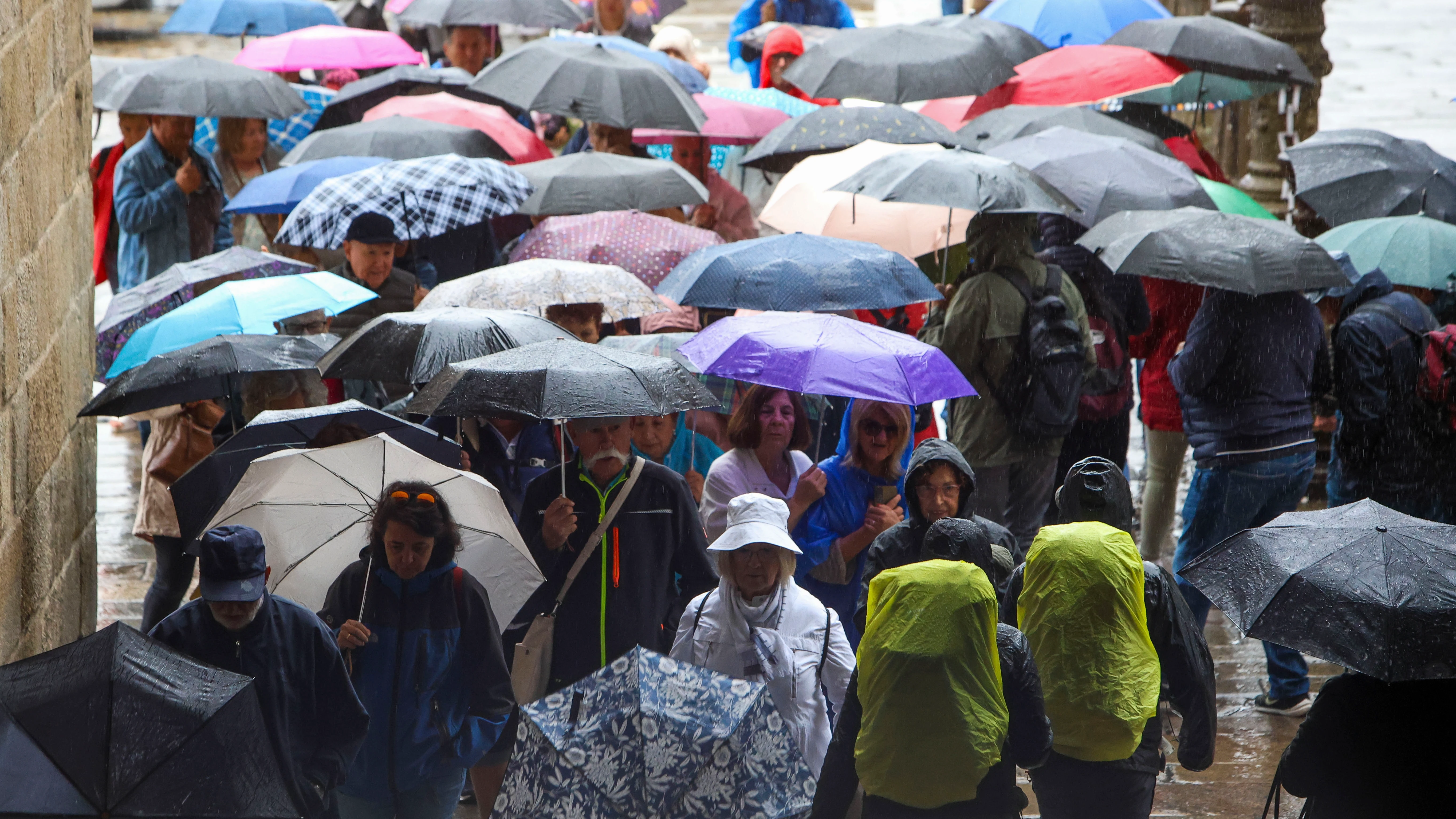 Peregrinos y turistas se protegen de la lluvia este viernes en la plaza del Obradoiro en Santiago de Compostela.