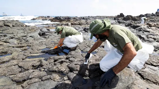 Preocupación por la "gran mancha" de fuel en el puerto de Las Palmas: cuatro playas del Telde permanecerán cerradas Efectivos de los equipos de limpieza retiran restos del vertido de fuel en una playa de Telde