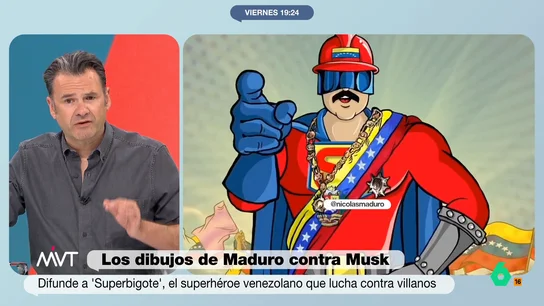 La reacción de Iñaki López a 'Superbigote', los dibujos de Maduro: "Es su identidad secreta, no lo puede reconocer" El curioso cómic deja alucinados a los presentadores de Más Vale Tarde y a los colaboradores. "Lo que más me gusta es el traje de Village People de 'Super Bigote'", afirma Iñaki.