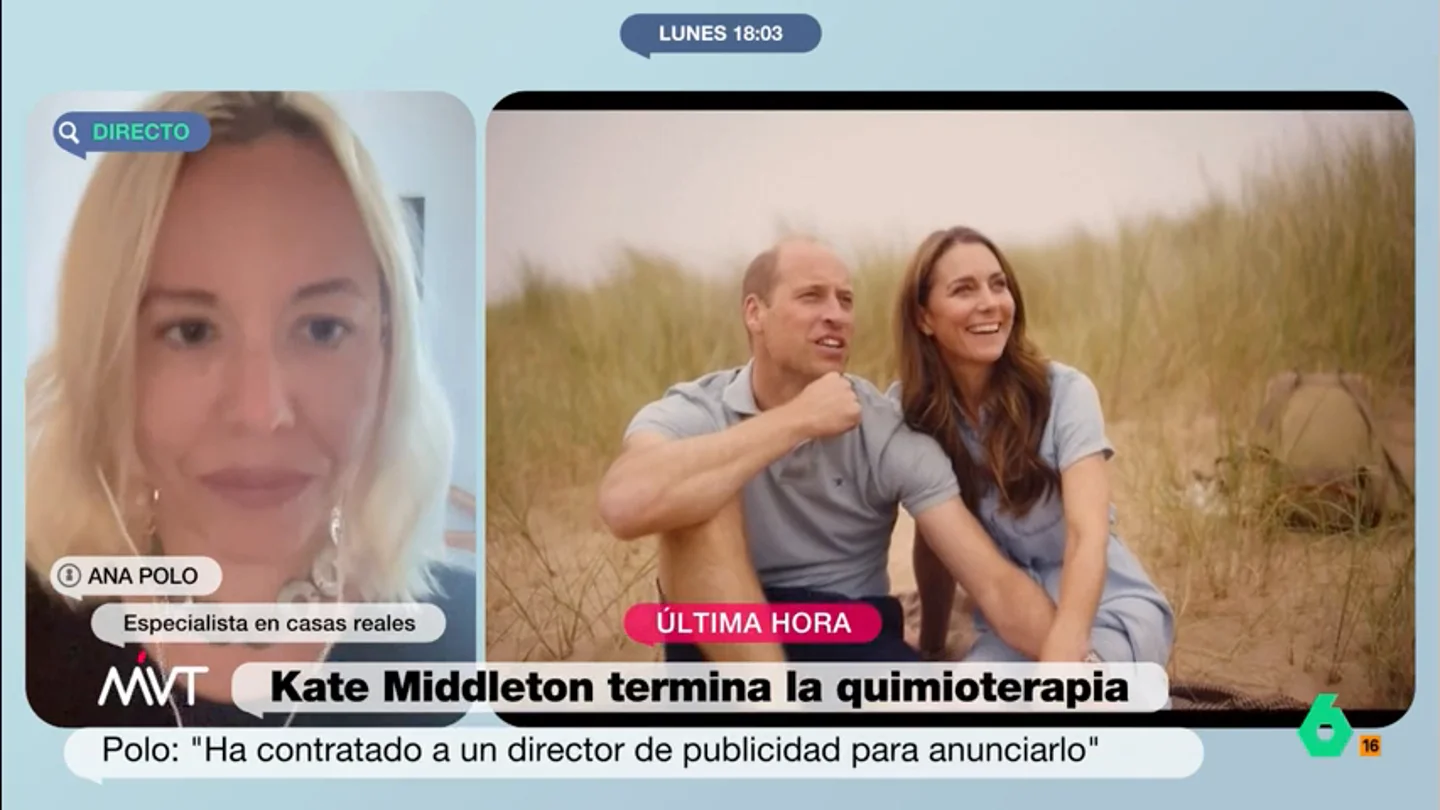 Ana Polo analiza el vídeo de Kate Middleton tras terminar la quimioterapia Ana Polo, experta en casas reales, desvela en este vídeo de Más Vale Tarde los detalles del comunicado de Kate Middleton tras concluir el tratamiento de quimioterapia contra su cáncer del que, recuerda, "seguimos sin tener versión oficial".