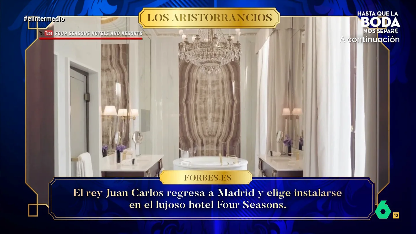 Dani Mateo, sobre el lujoso hotel en el que se hospedó el rey Juan Carlos 'Los Aristorrancios' Wyoming y Dani Mateo analizan en este vídeo de El Intermedio la visita de este fin de semana del rey Juan Carlos a Madrid, donde se alojó en un hotel cuya suite real tiene 400 metros cuadrados y cuesta 20.000 euros la noche.