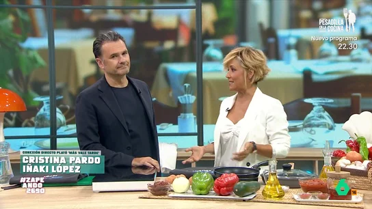 Cristina Pardo e Iñaki López cocinan pisto con huevo frito Iñaki López y Cristina Pardo adelantan a Dani Mateo el contenido de su sección donde son ellos los que cocinan, con la asesoría del chef con estrella Michelin, Carlos Maldonado, donde además responderán a las dudas culinarias de Ferreras.