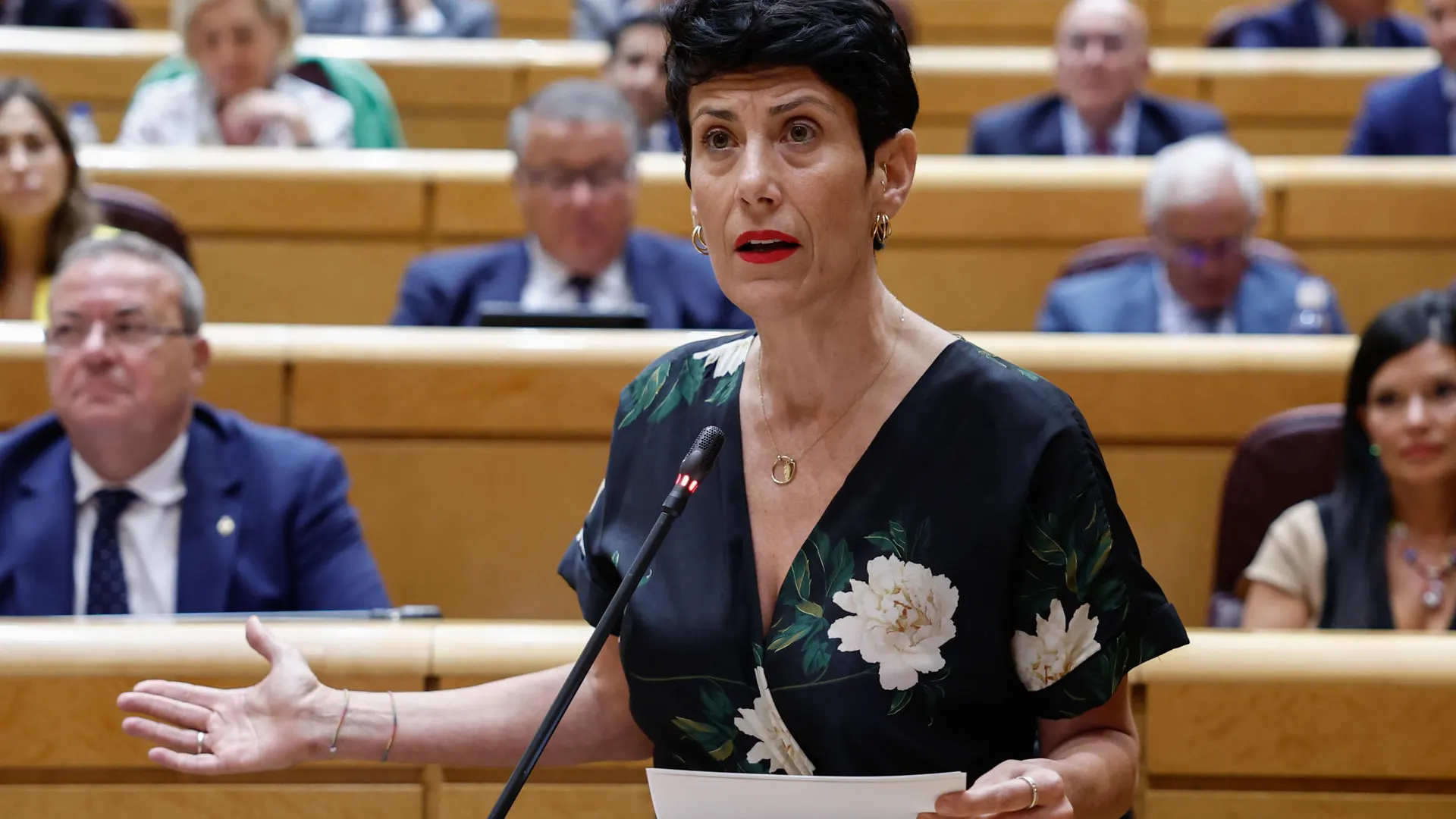 La ministra de Inclusión, Seguridad Social y Migraciones, Elma Saiz, durante la sesión de control al Gobierno en el Senado, este martes.