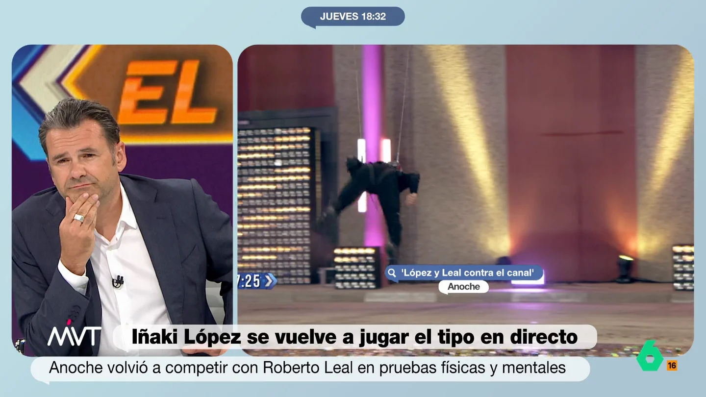 Iñaki López admite que se la "jugó" con Roberto Leal Iñaki López reacciona en este vídeo de Más Vale Tarde a los momentos de su segunda participación en 'López y Leal contra el canal', entre ellos aquél en que tuvo al presentador de 'Pasapalabra' colgando de una grúa que él mismo conducía.