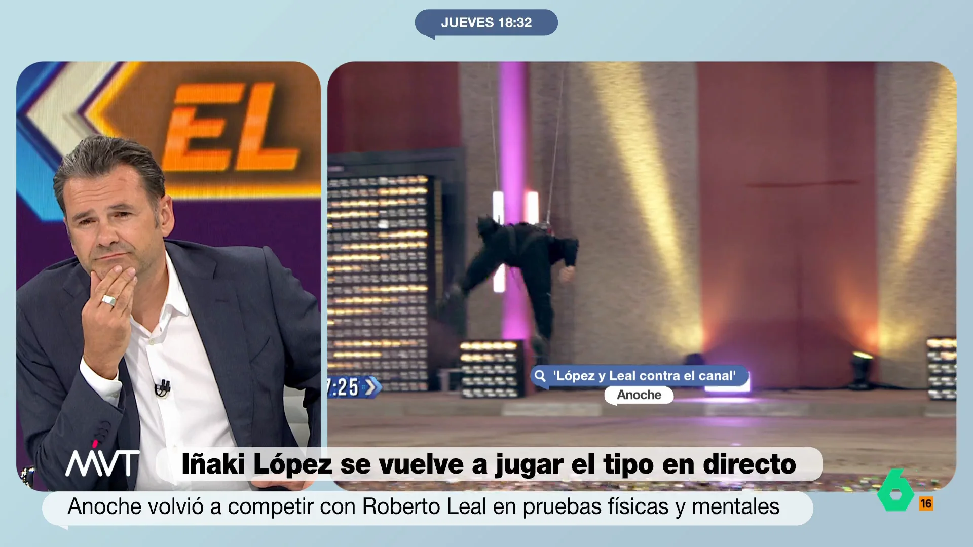 Iñaki López admite que se la "jugó" con Roberto Leal Iñaki López reacciona en este vídeo de Más Vale Tarde a los momentos de su segunda participación en 'López y Leal contra el canal', entre ellos aquél en que tuvo al presentador de 'Pasapalabra' colgando de una grúa que él mismo conducía.