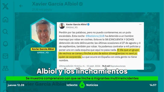 Albiol, sobre los robos de un multirreincidente detenido 58 veces en Badalona: "No me sorprenderá el día que linchen a esta gente" Albiol, sobre los robos de un multirreincidente detenido 58 veces en Badalona: "No me sorprenderá el día que linchen a esta gente"