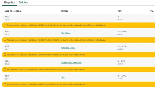 Listado con los horarios de llegadas de trenes del 13 de septiembre a la estación de Atocha. Listado con los horarios de llegadas de trenes del 13 de septiembre a la estación de Atocha.