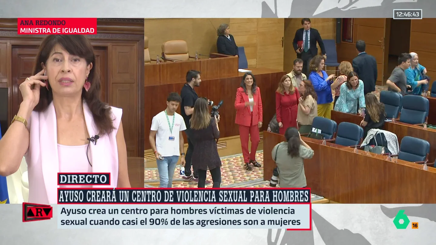 Ana Redondo carga contra Ayuso por crear un centro de hombres violados: "Es tramposa y muy peligrosa. El negacionismo mata" Ana Redondo carga contra Ayuso por crear un centro de hombres violados: "Es tramposa y muy peligrosa. El negacionismo mata"