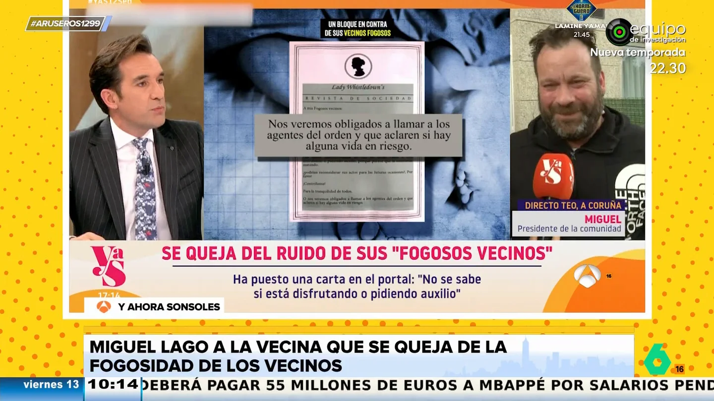 Miguel Lago a la vecina que se queja del ruido de sus "fogosos vecinos": "Está para que le pasen un limpiador de telarañas" Miguel Lago a la vecina que se queja del ruido de sus "fogosos vecinos": "Está para que le pasen un limpiador de telarañas"