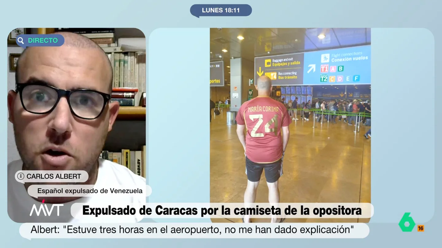 Habla el español expulsado de Venezuela: "Era periodista y llevaba una camiseta de María Corina. Fue el cóctel explosivo" "Me dicen que he tenido suerte de volver a España y no estar en el Helicoide ahora mismo", afirma Carlos Albert, el español deportado desde Caracas tras pasar tres horas en el aeropuerto mientras llevaba una camiseta de la opositora María Corina.