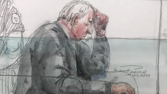 Ilustración de Dominique Pelicot en el juicio por violar y drogar a su esposa. Ilustración de Dominique Pelicot en el juicio por violar y drogar a su esposa.
