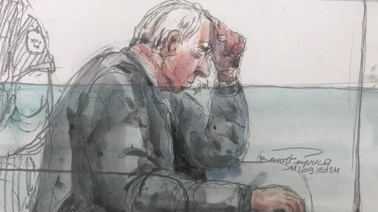 Ilustración de Dominique Pelicot en el juicio por violar y drogar a su esposa. Ilustración de Dominique Pelicot en el juicio por violar y drogar a su esposa.