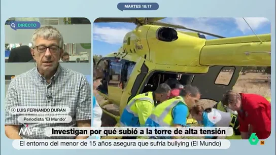 Luis Fernando Durán, sobre el joven electrocutado en Galapagar Más Vale Tarde aborda el caso del joven de 15 años electrocutado tras subirse a una torre de alta tensión en Galapagar con el periodista Luis Fernando Durán, que indica en este vídeo que podría estar sufriendo bullying y haberse tratado de un reto.